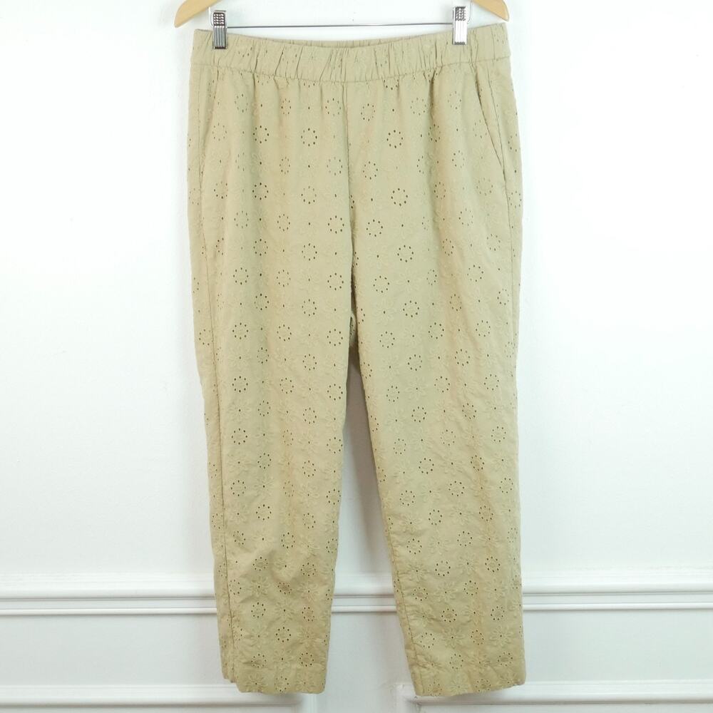 Ann Taylor Large Easy Ankle Eyelet Pants Tan Pull On Cotton Spring Crop Pockets - Picture 2 of 9